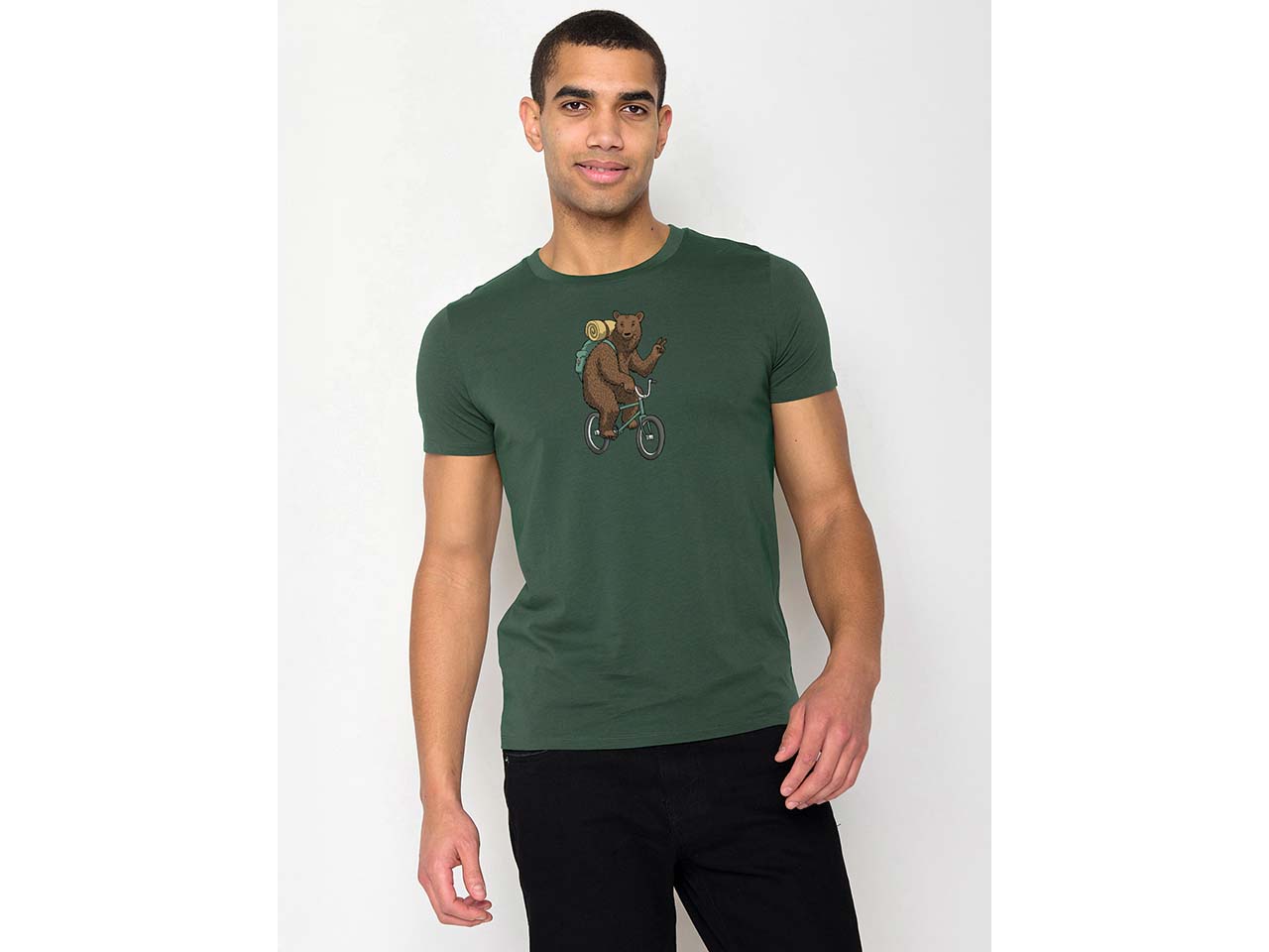 GREENBOMB Bio-Herren-T-Shirt 'Bear Bike' mit Rundhalsausschnitt, bottle green, Gr. L