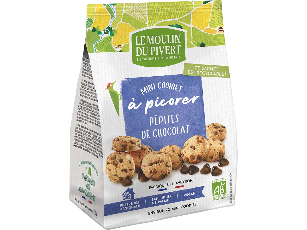 LE MOULIN DU PIVERT Bio-Mini-Kekse mit Schokolade, 170 g