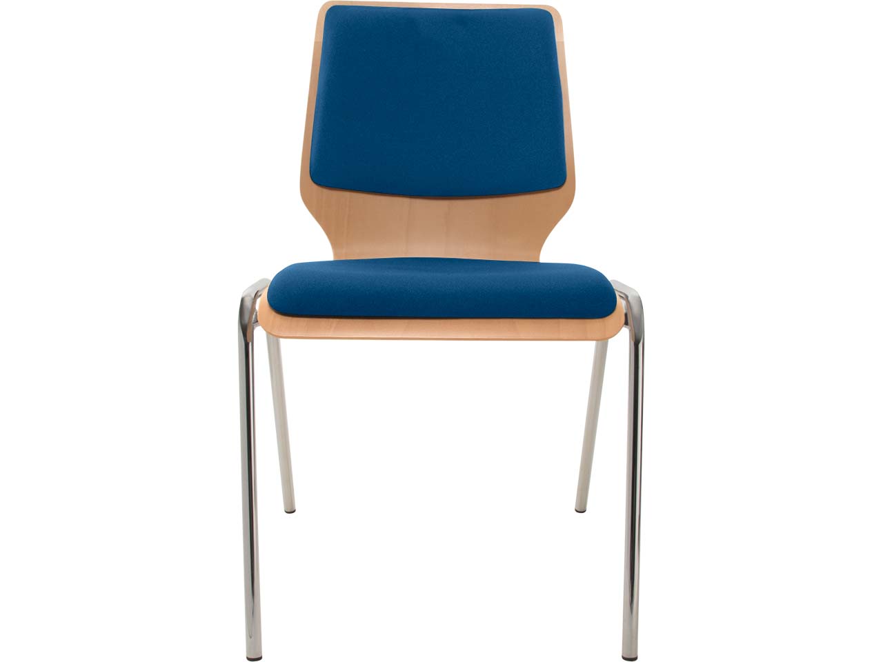 Besucherstuhl "A2" Buche lackiert, Gestell verchromt, Sitz- und Rückenpolster blau