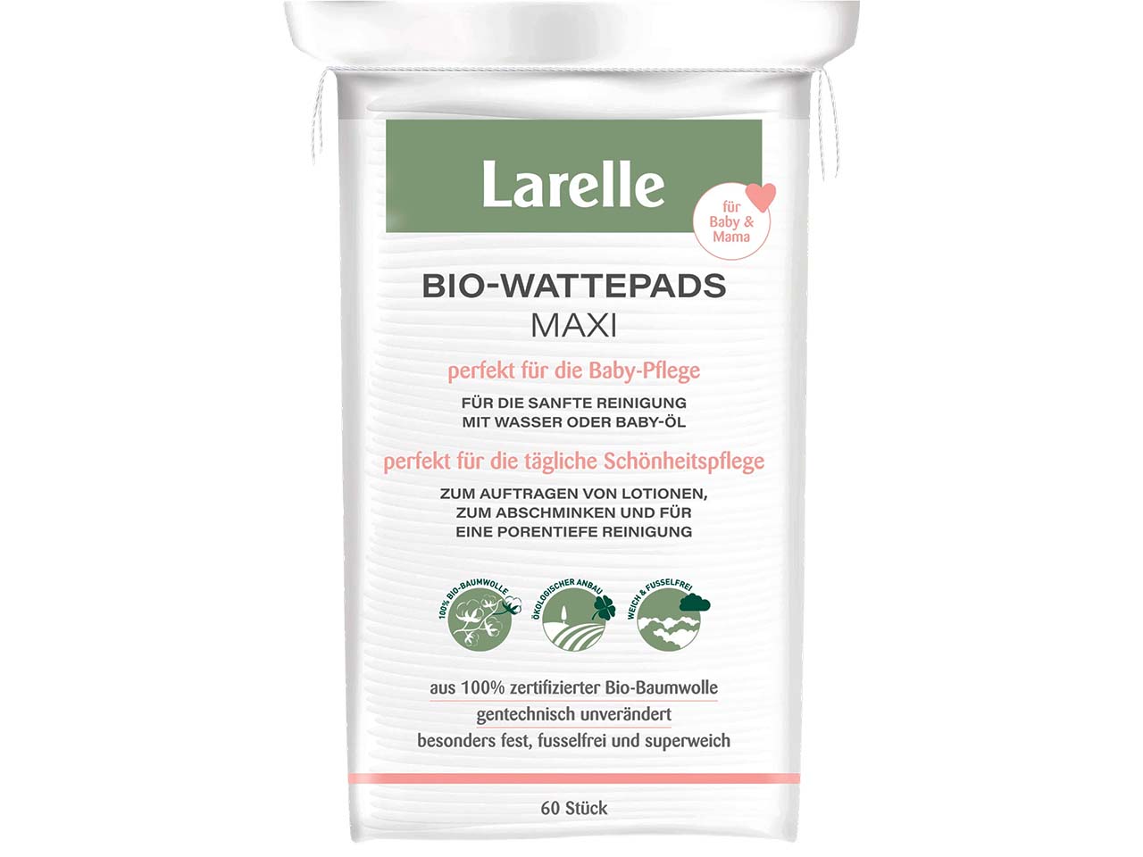 Larelle Bio-Wattepads "Maxi" aus 100 % zertifizierter Bio-Baumwolle, 60 Stk.
