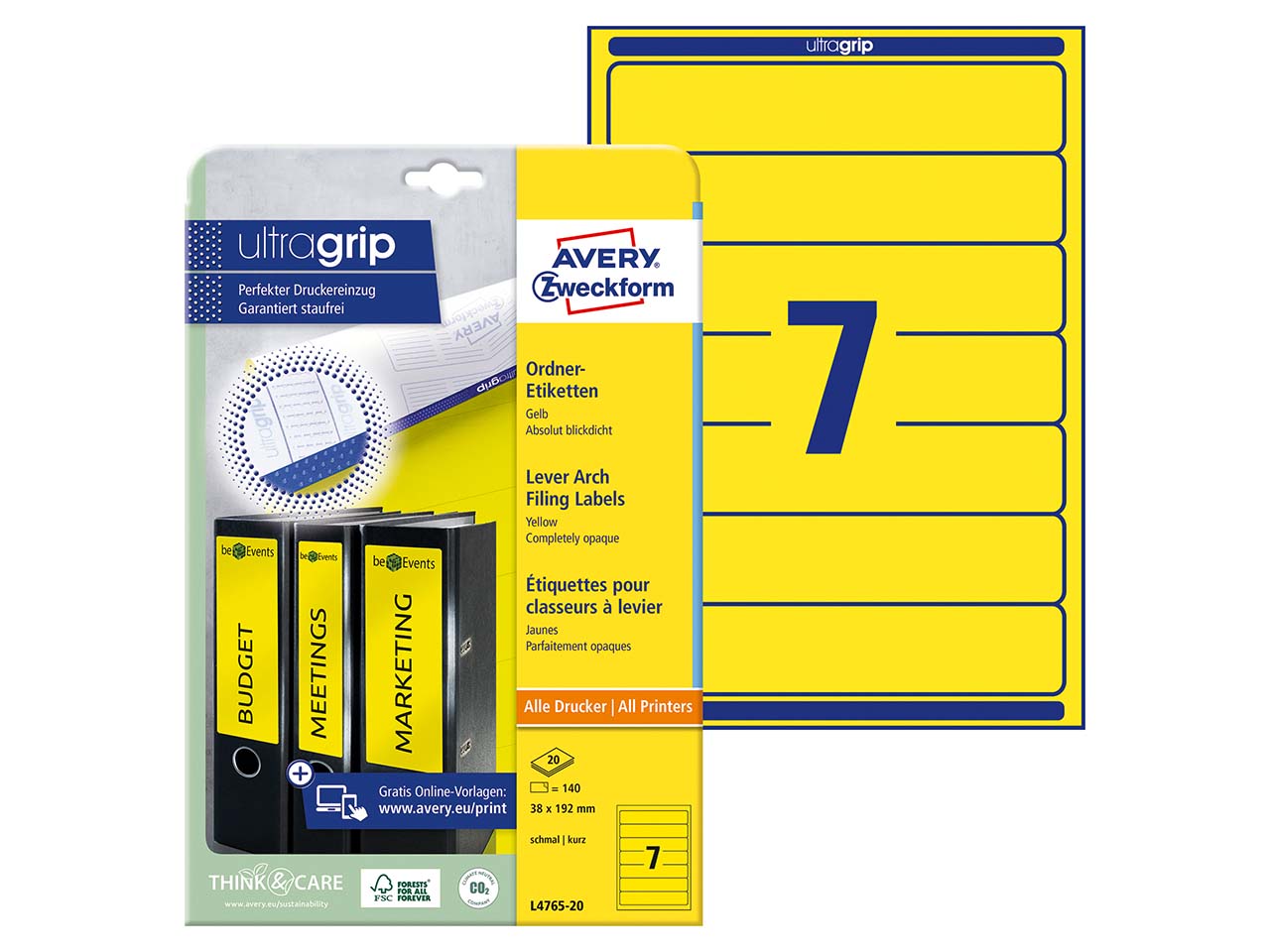 140 Rückenschilder für Rücken 50 mm, 192 x 38 mm gelb