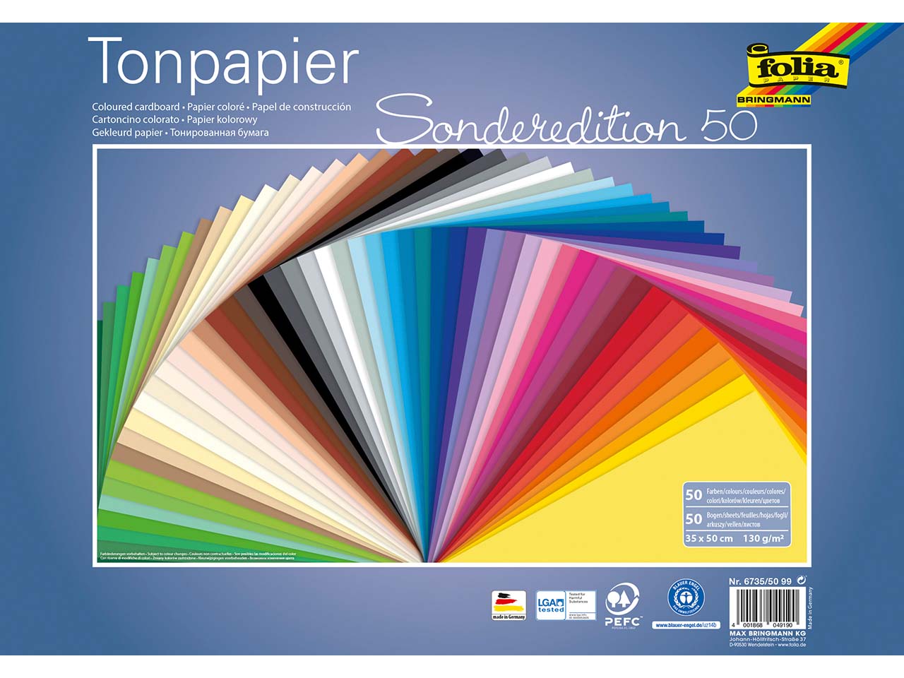 folia Tonpapier 130g/m², 35x50cm, 50 Bogen, farbig sortiert