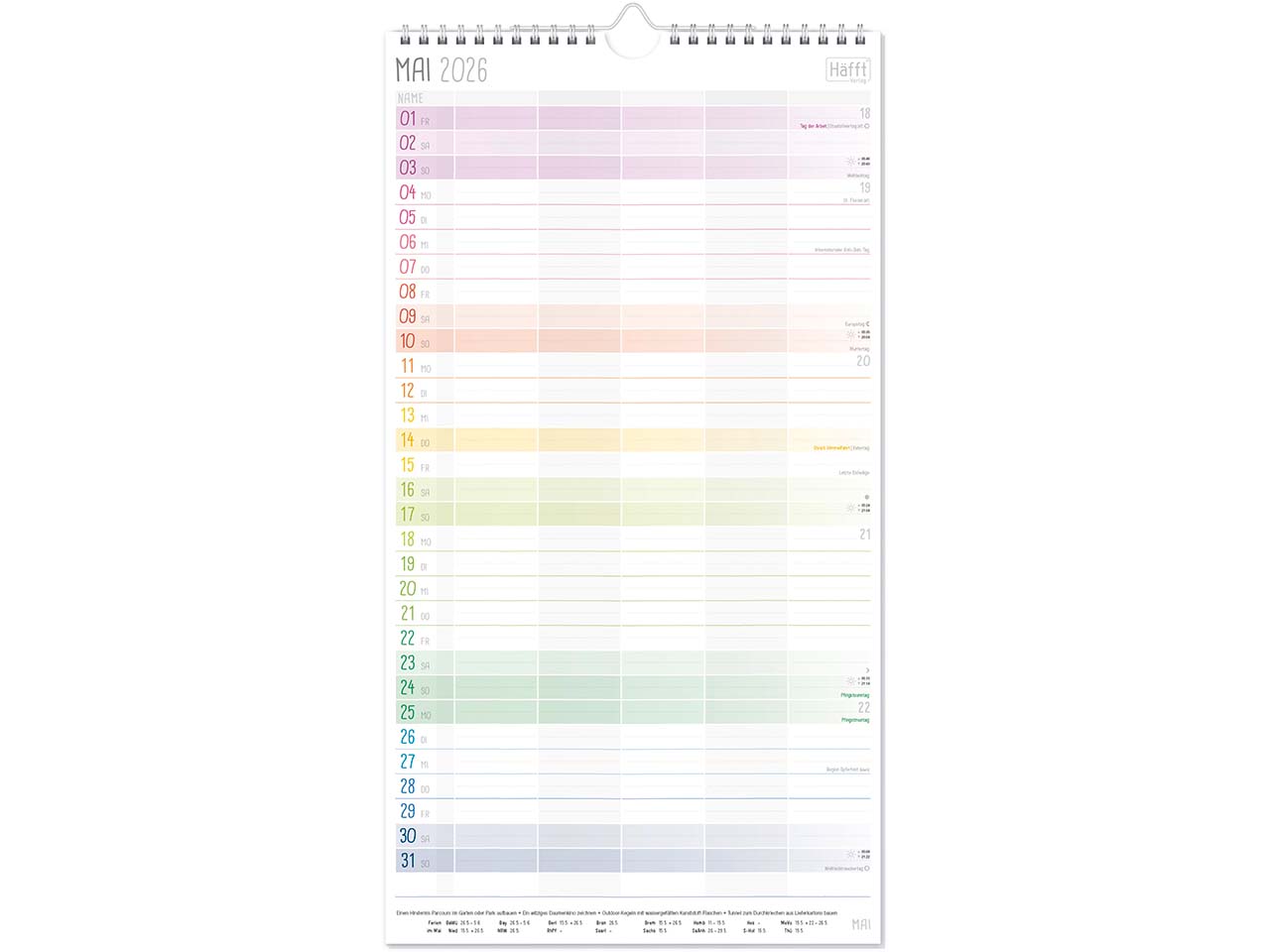 Häfft Familienplaner 2026, Wandkalender 5-spaltig, 12 Monate, Rainbow