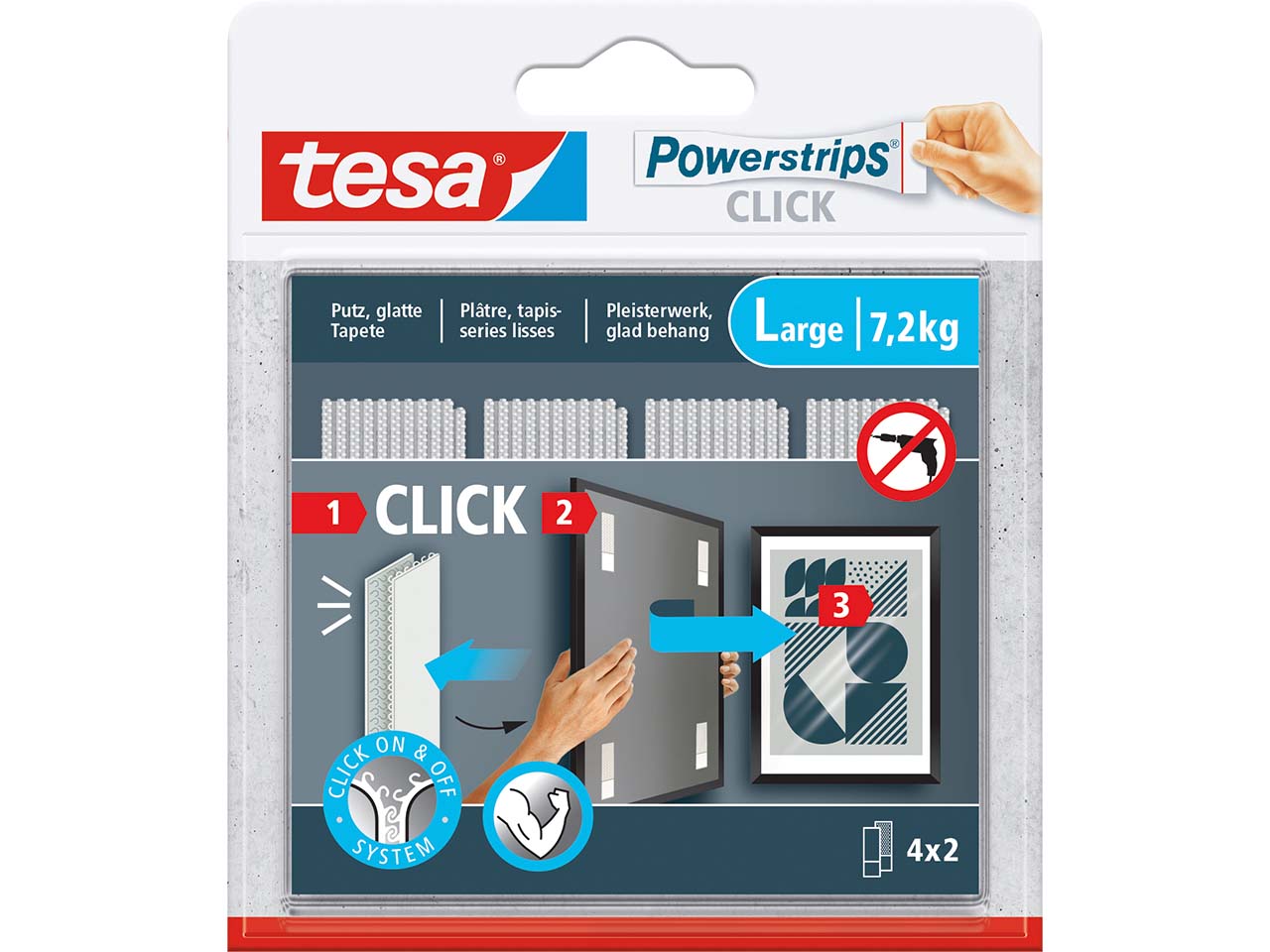 tesa Selbstklebendes Klettband "Powerstrips CLICK" large, bis 7,2 kg, 4er-Pack
