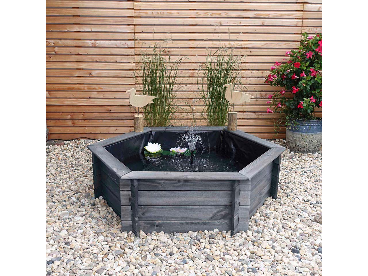 Sechseck-Hochteich 100 cm inkl. Solar-Umwälzpumpe und Teichfolie, grau