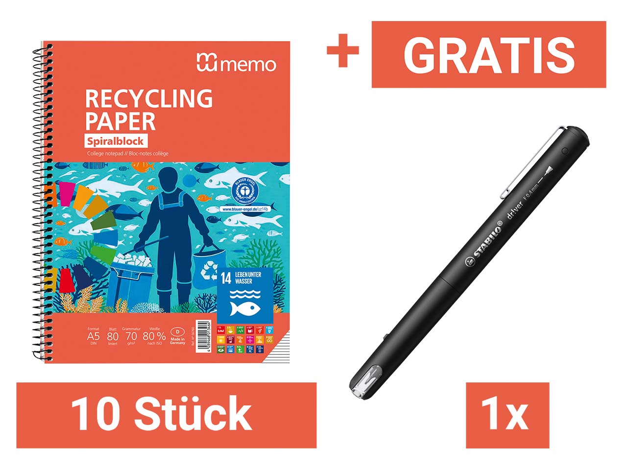 10 memo Collegeblock, DIN A5 liniert 80 Blatt + Gratis STABILO Fineliner dr!ver, schwarz