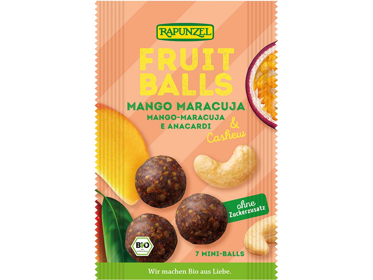 RAPUNZEL Bio-Fruchtkugeln Mango-Maracuja und Cashew, Fruit Balls, 49 g