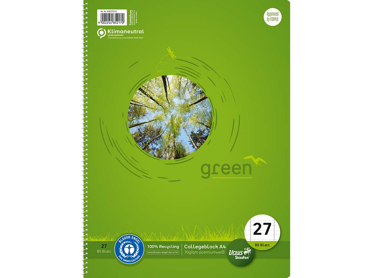 Staufen Collegeblock 'green' DIN A4 liniert, 80 Blatt, 70 g/m², Lineatur 27