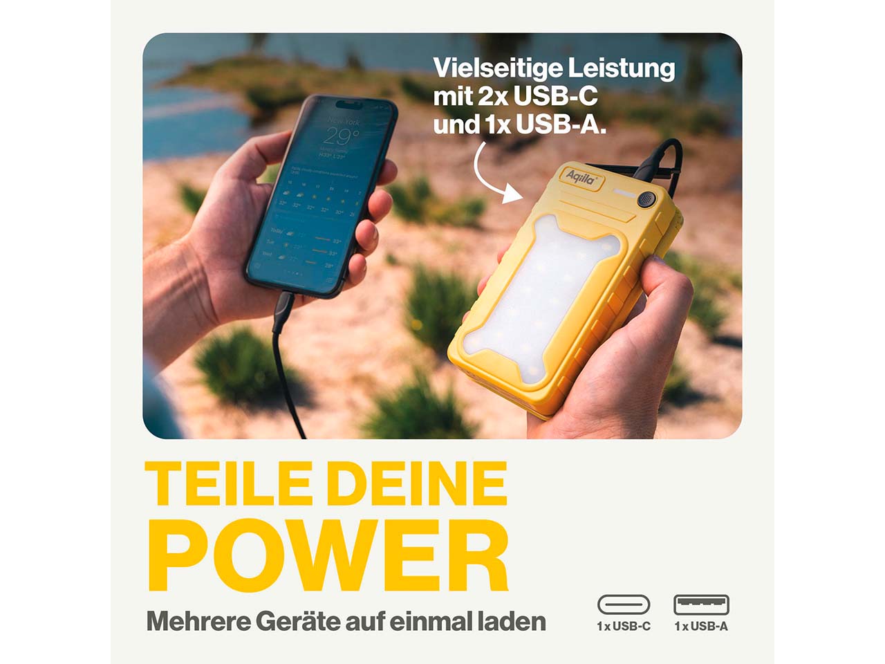 Aqiila Powerbank mit mehrfach ausklappbarem Solarpanel "Powerbird BS10"
