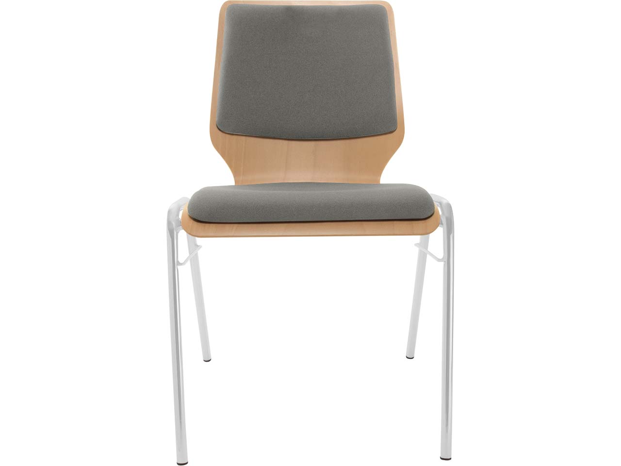 Besucherstuhl "A2" Buche lackiert, Gestell silber, Steg, Sitz- und Rückenpolster grau