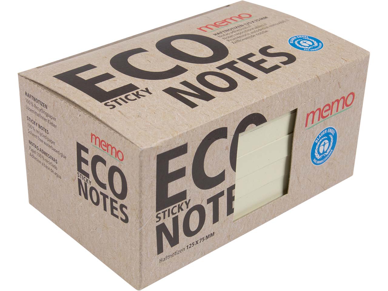 6 memo Recycling-Haftnotizen 100 Blatt 125 x 75 mm, pastellgelb im Recyclingkarton