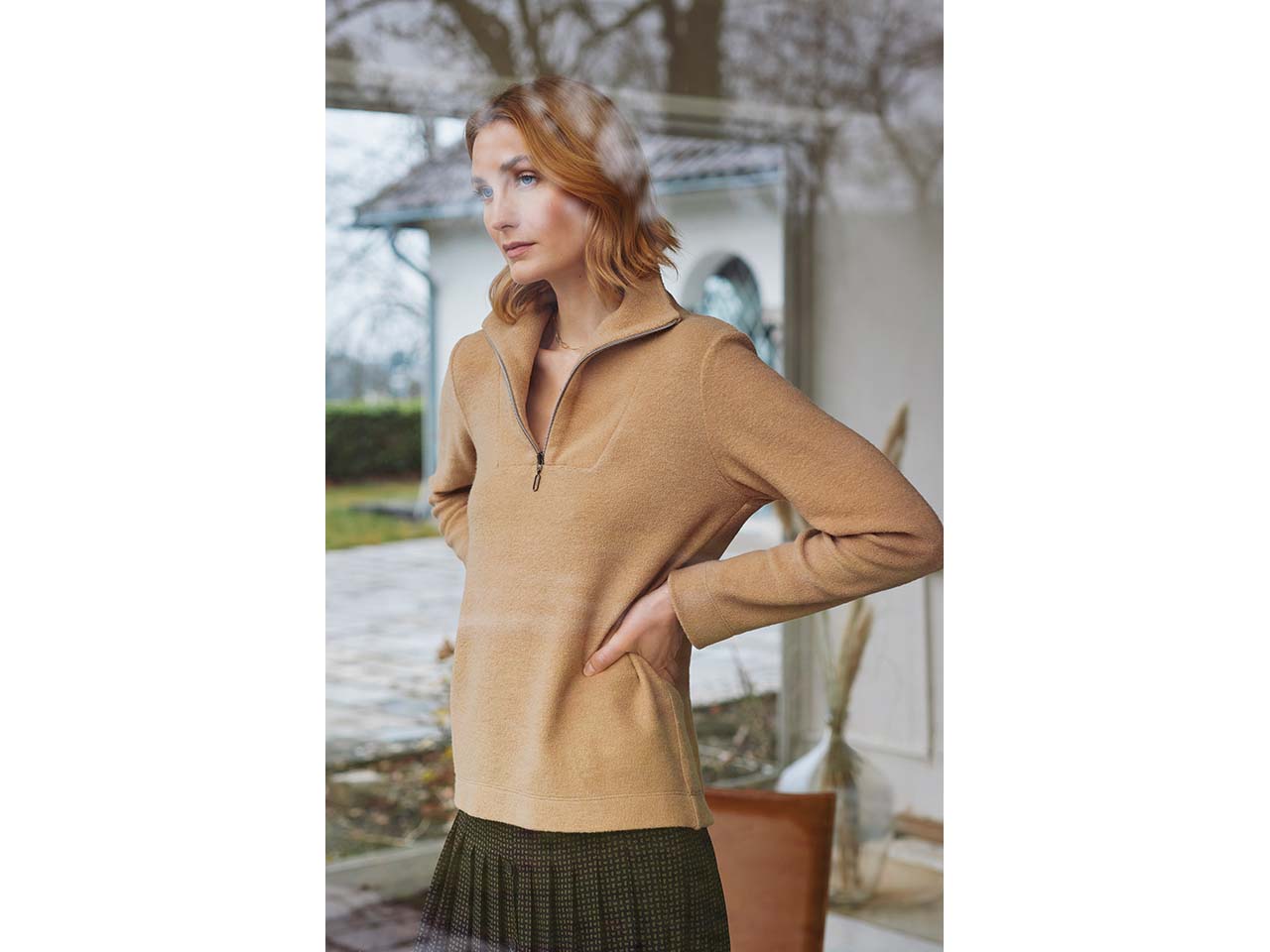 LANA Damen-Pullover "Tonja" mit halbem Reißverschluss, camel, Gr. 40