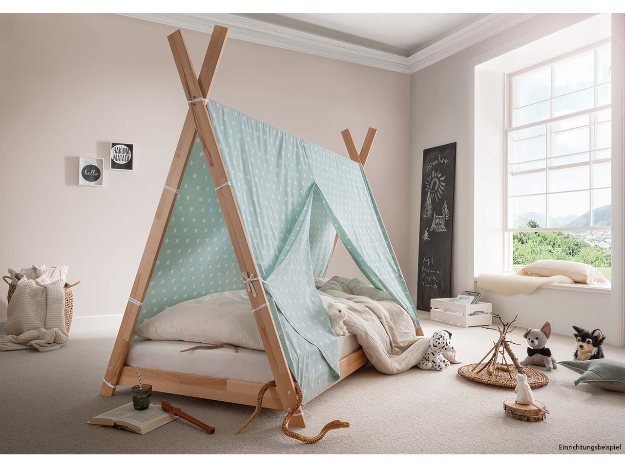 Kinderbett "Pinocchio"mit Bezug mint, Buche geölt, Tipibett