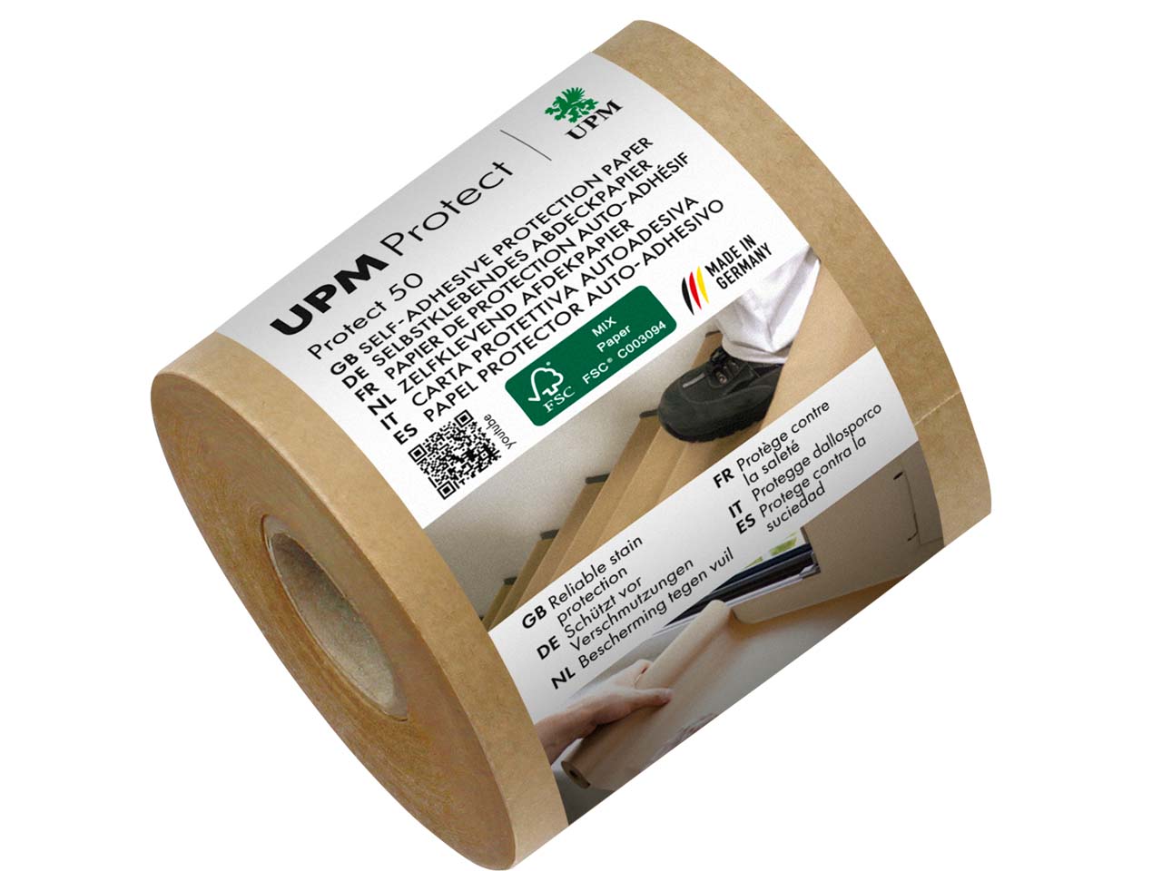 UPM Abdeckpapier, Kraftpapier selbstklebend, 50 g/m², Länge 50 m, Breite 75 mm