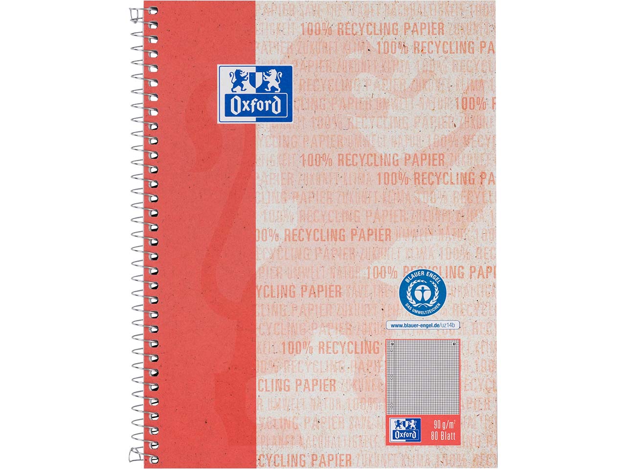 OXFORD Recycling Collegeblock A5+, 80 Blatt, kariert mit Rand links, 90 g/m²