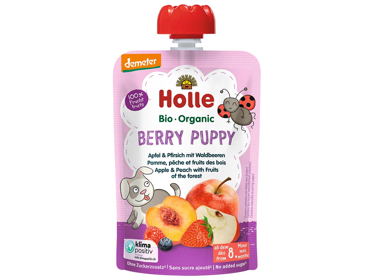 Holle Quetschie Bio-Fruchtmus "Apfel, Pfirsich, Waldbeere", Berry Puppy, ab 8. Monat,100g