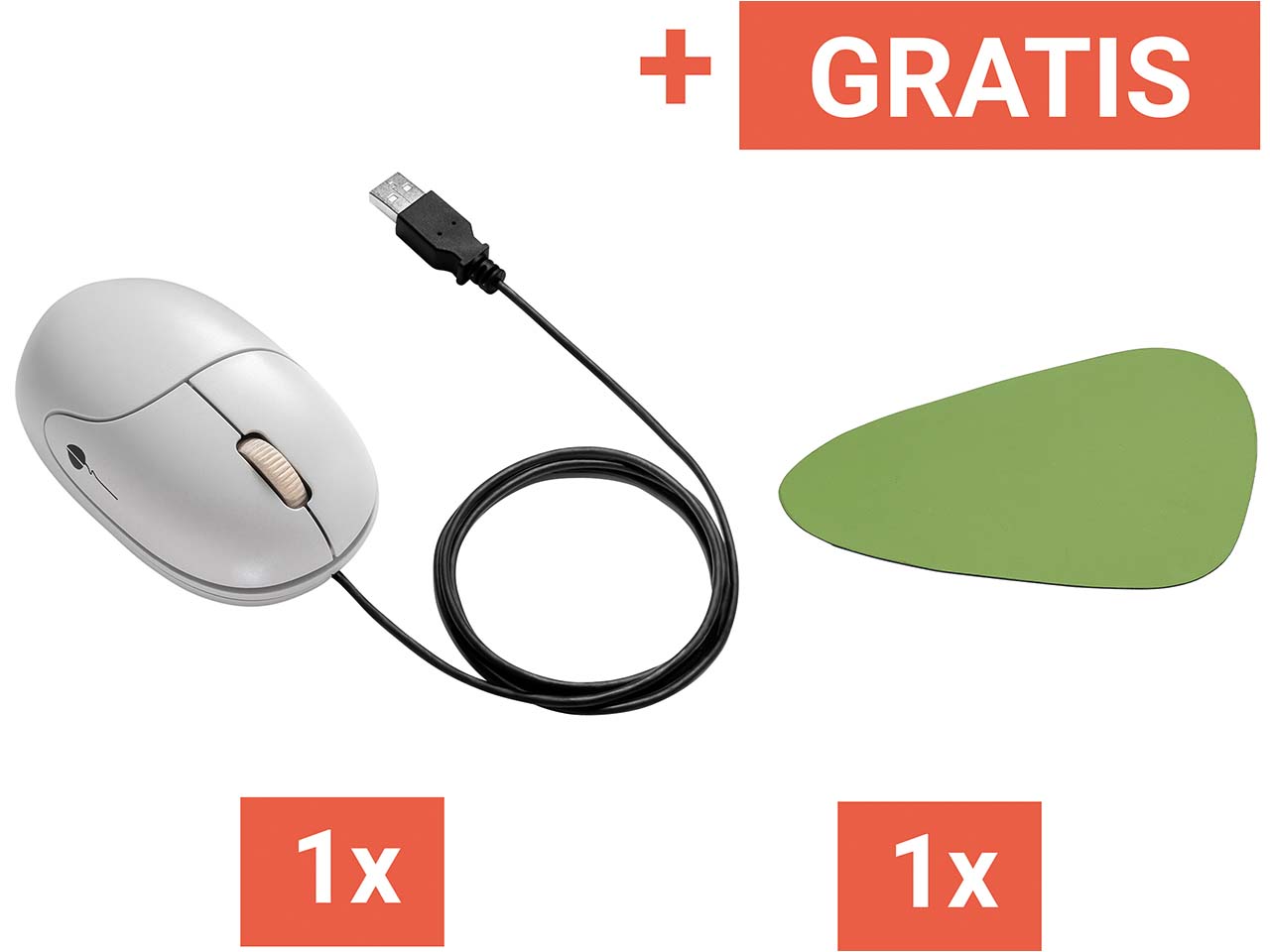 Nager-IT Optische Maus "Die Faire Maus" Kabellänge 2,1 m grau + Gratis Mousepad grün