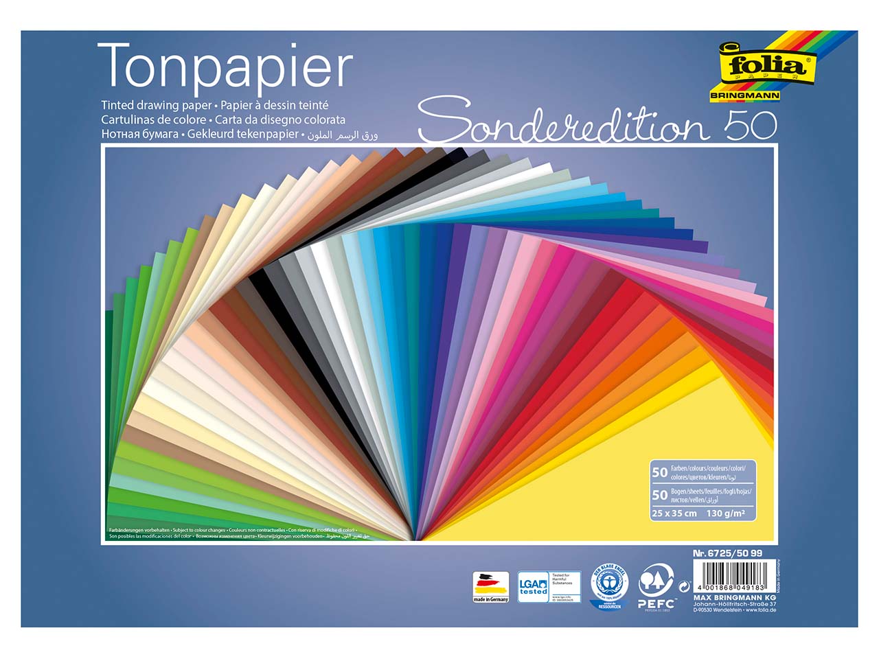 folia Tonpapier, 130 g/m², sortierte Farben, 25 x 35 cm, 50 Bogen