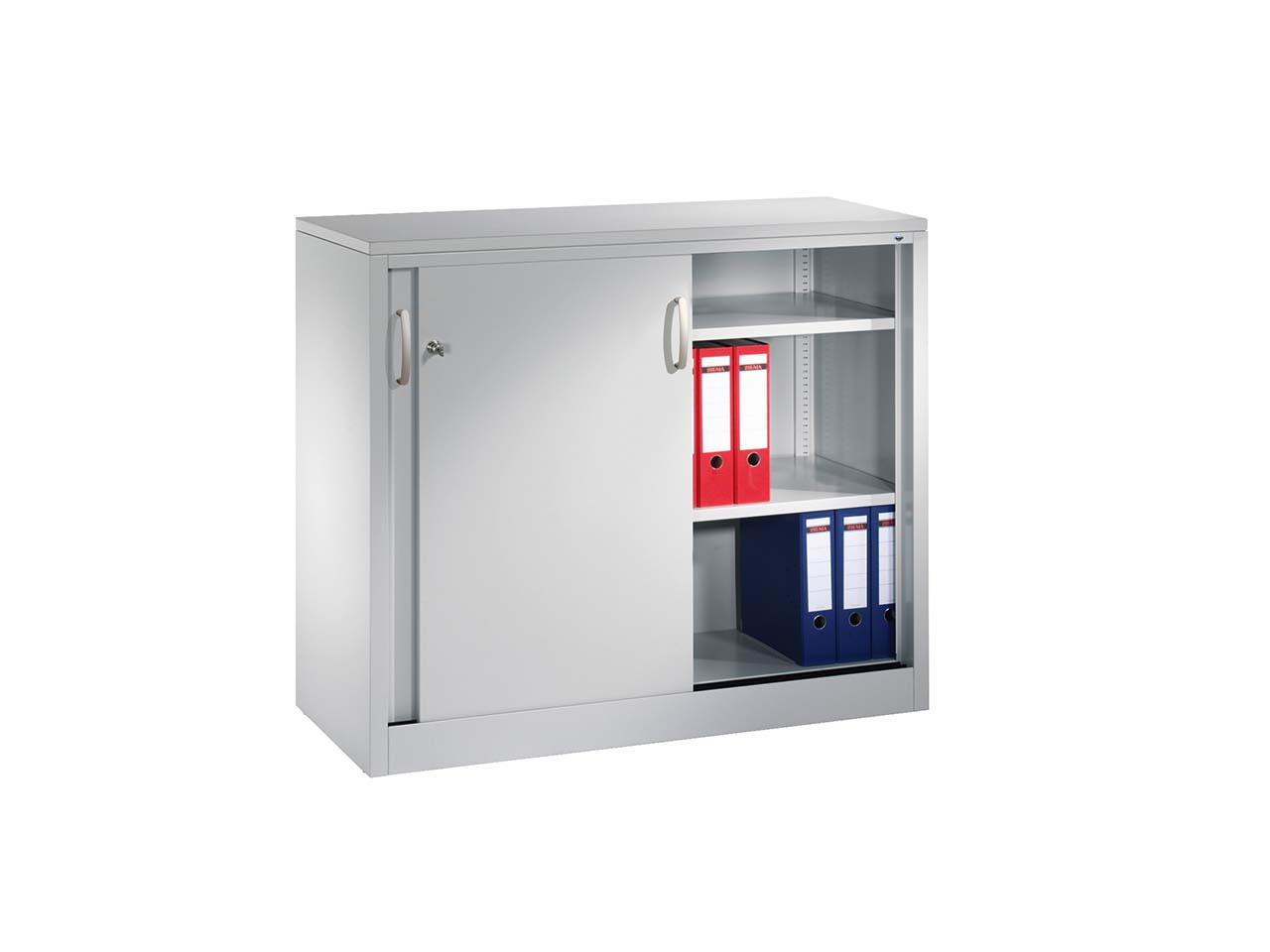 Schiebetürenschrank aus Stahl 120 cm breit lichtgrau  T 50  H 100