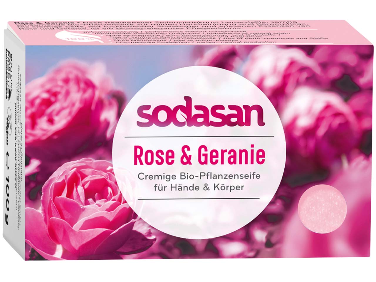 Sodasan Feste Pflanzenölseife "Cream" Rose & Geranie, 100 g