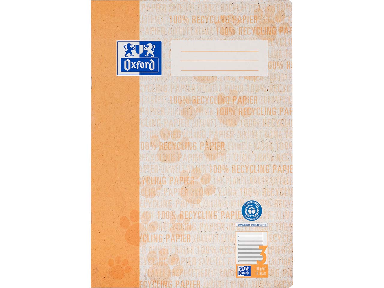 OXFORD Recycling-Schulheft DIN A4, 16 Blatt, Lineatur 3 mit weißem Rand rechts, 90 g/m²