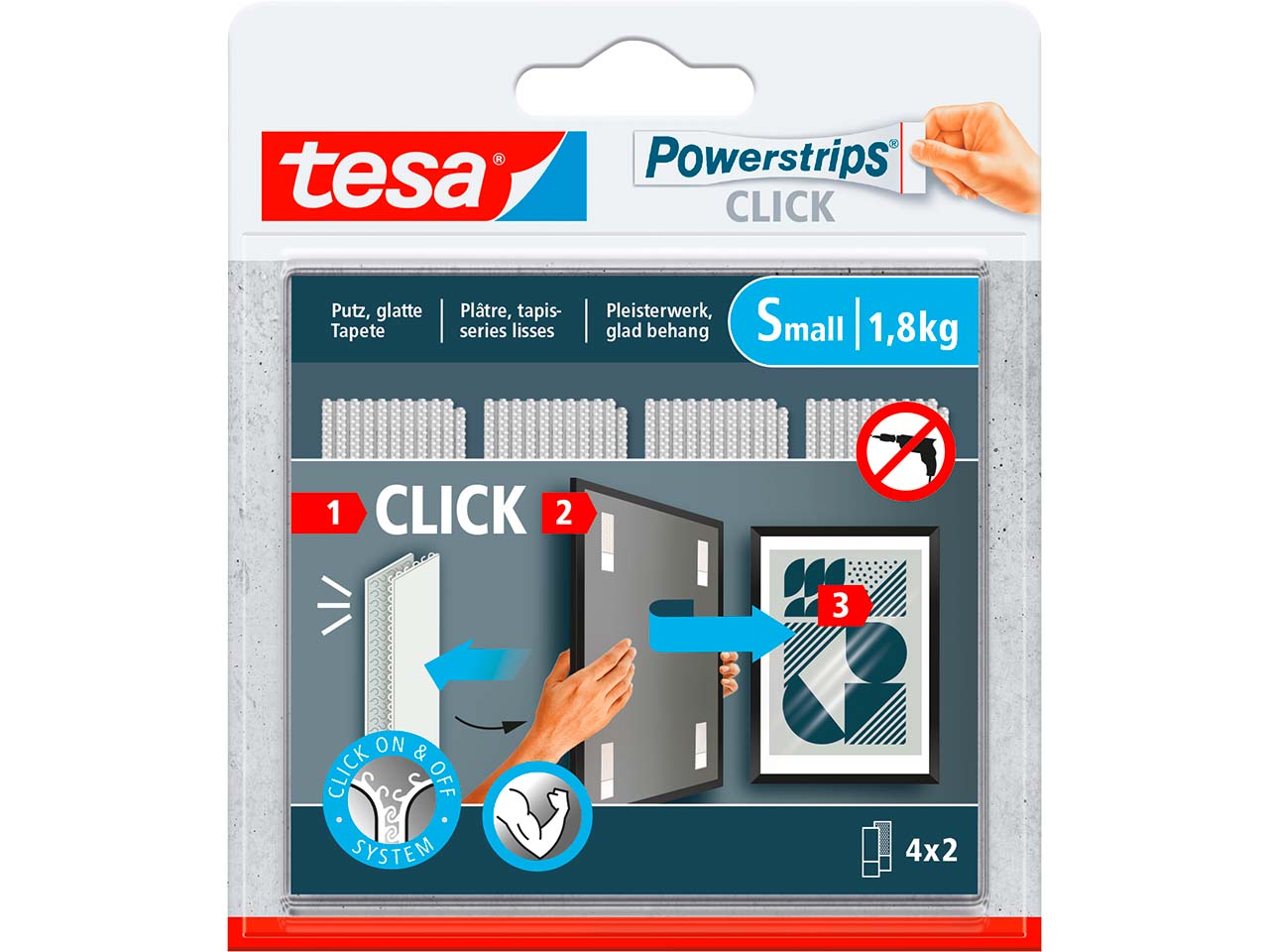 tesa Selbstklebendes Klettband "Powerstrips CLICK" small, bis 1,8 kg, 4er-Pack