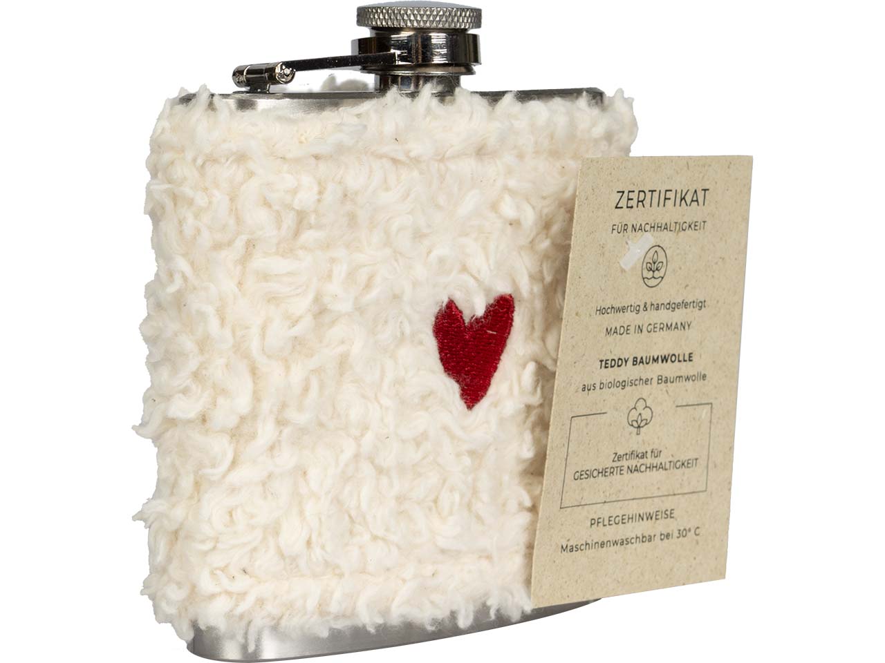 Flachmann "Seppl" Bezug aus Bio-Baumwolle, weiß, mit Herz bestickt, 6oz