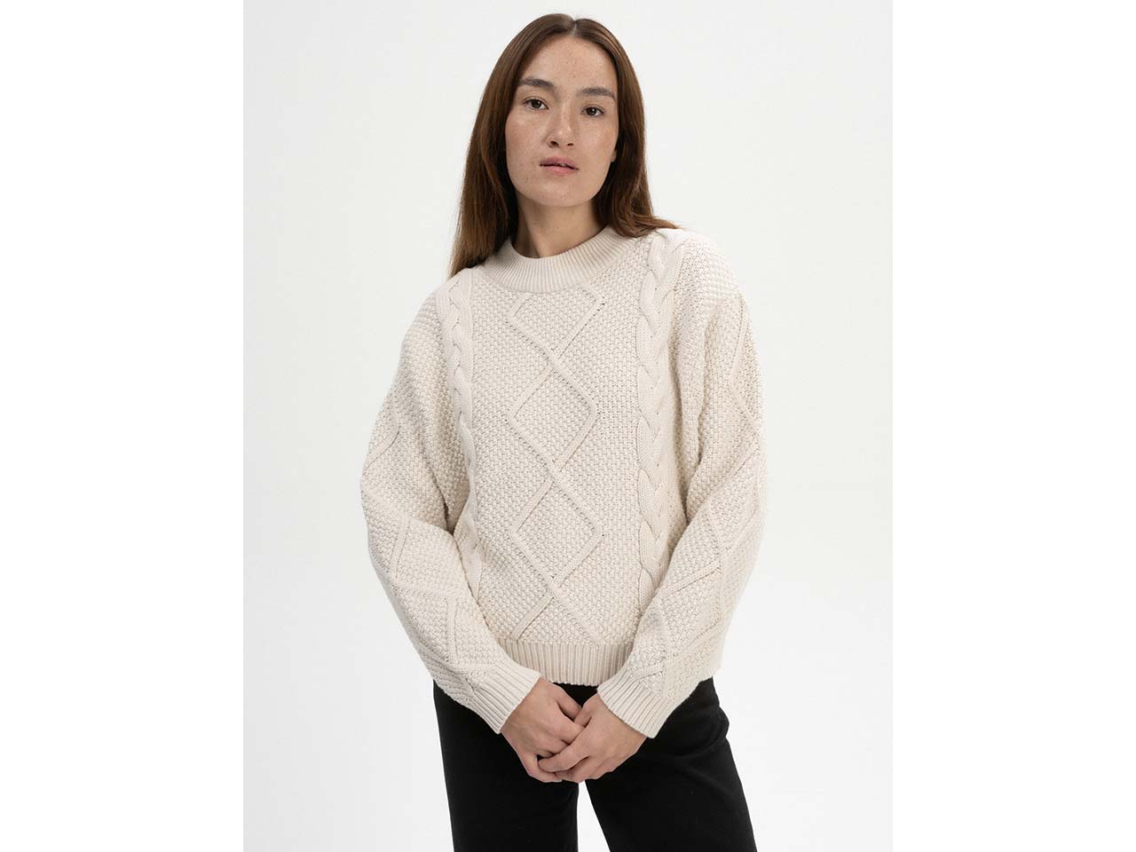 MELA Bio-Damen-Strickpullover "SAMAIRA" mit Zopfmuster, cream melange, Gr. L