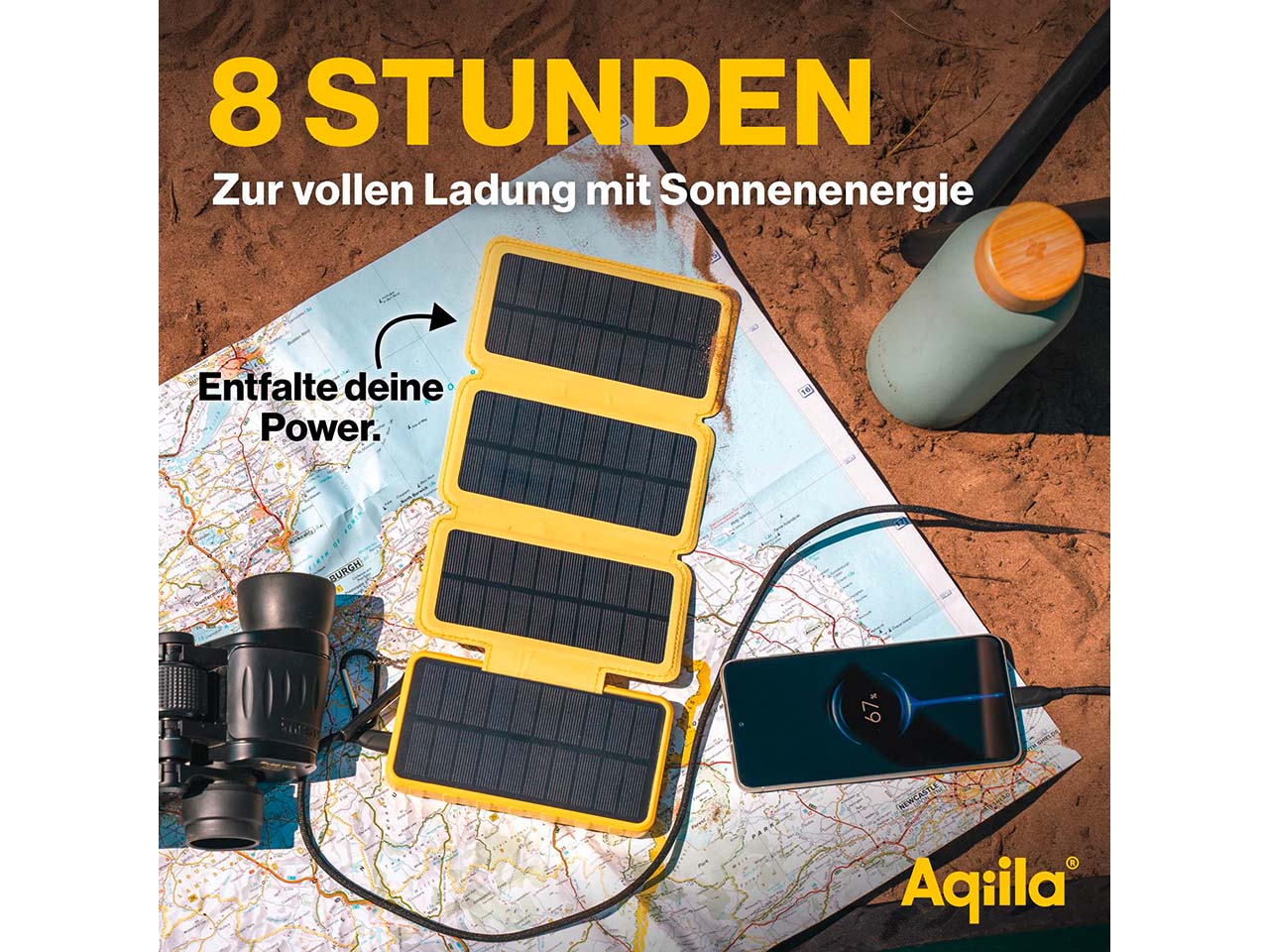 Aqiila Powerbank mit mehrfach ausklappbarem Solarpanel "Powerbird BS10"