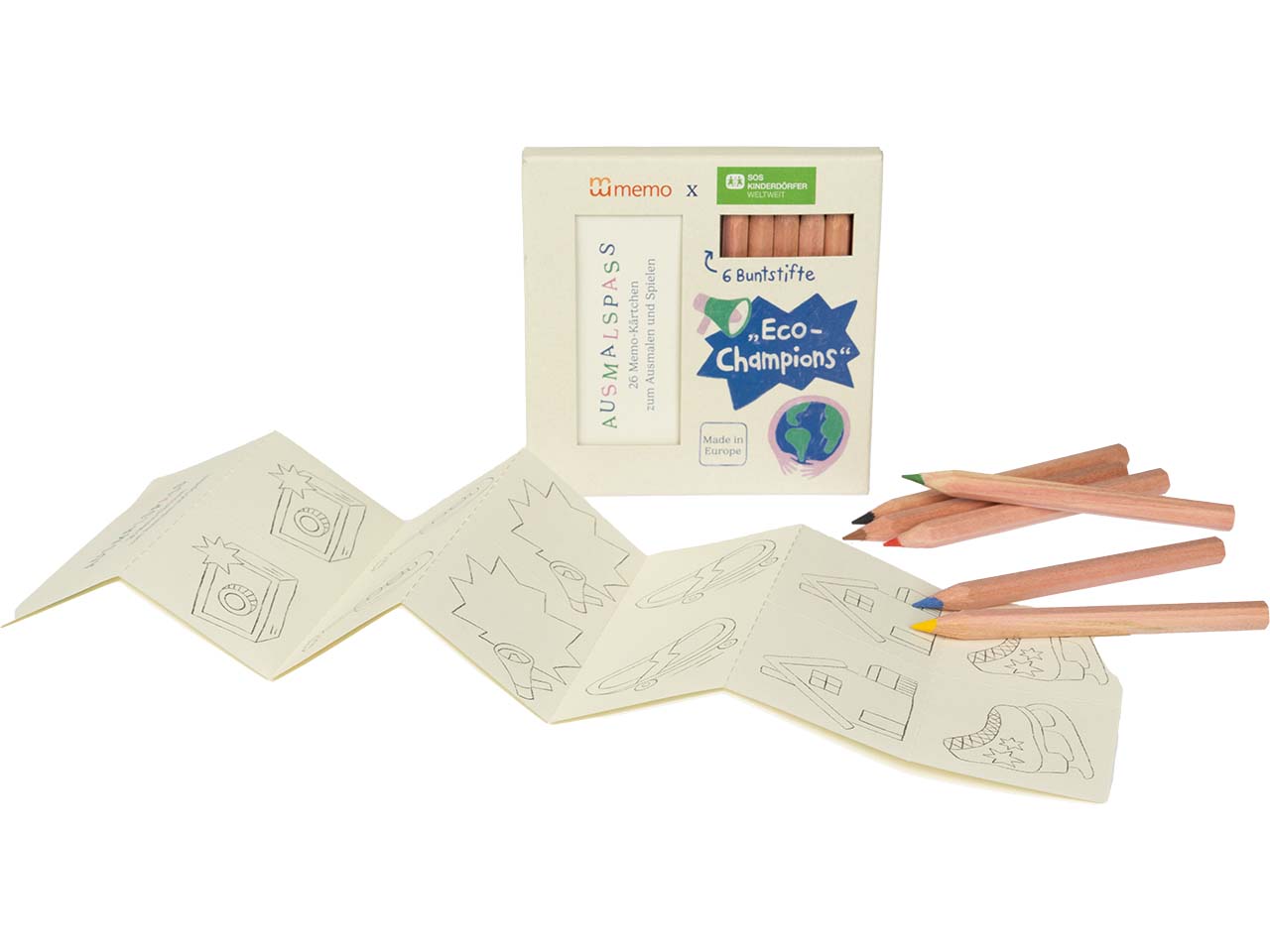 memo x SOS-Kinderdörfer weltweit Buntstifte und Legespiel