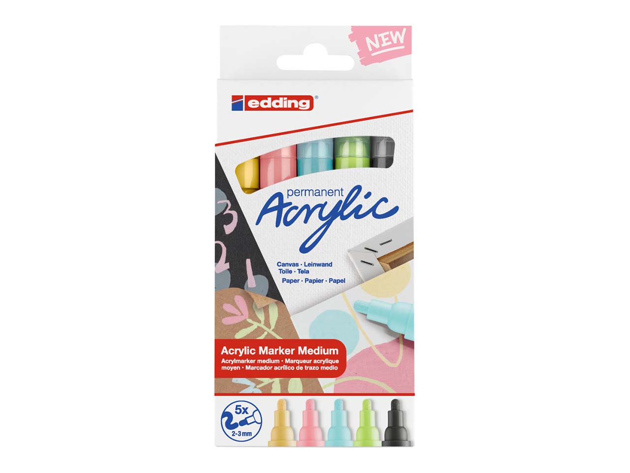 5er Set edding Acrylmarker "Acrylic 5100" pastell, Rundspitze 2-3mm, farbig sortiert