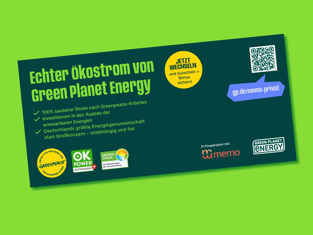 Green Planet Energy Aktionsflyer, 50 € Wechselbonus, 30 € memolife Gutschein
