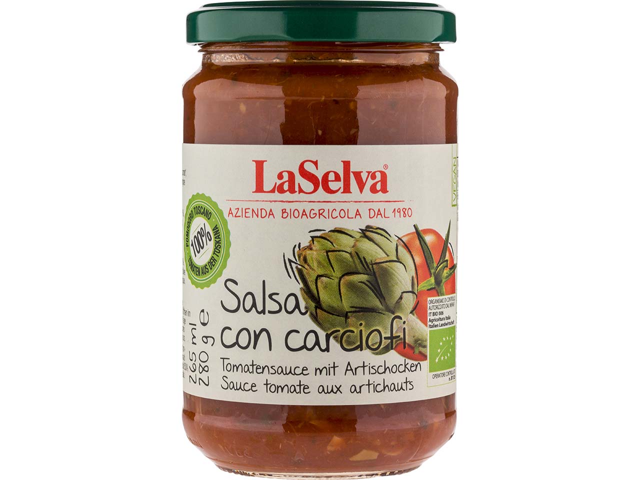 LaSelva Bio-Tomatensauce mit Artischocken, 280 g