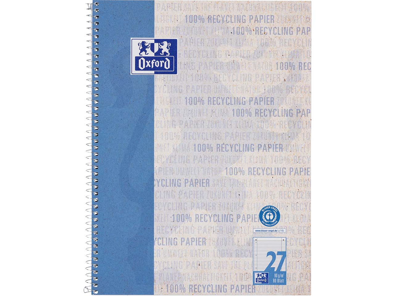 OXFORD Recycling Collegeblock A4+, 80 Blatt, liniert mit Doppelrand, 90 g/m²