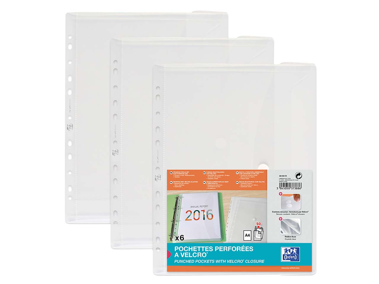 6 OXFORD Prospekthüllen mit Tasche und Klett-Verschluss, für DIN A4, farblos