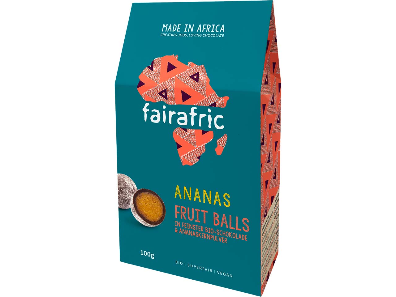 fairafric Vegane Bio-Ananas-Fruchtkugeln "Fruit Balls" mit Zartbitterschokolade, 100 g