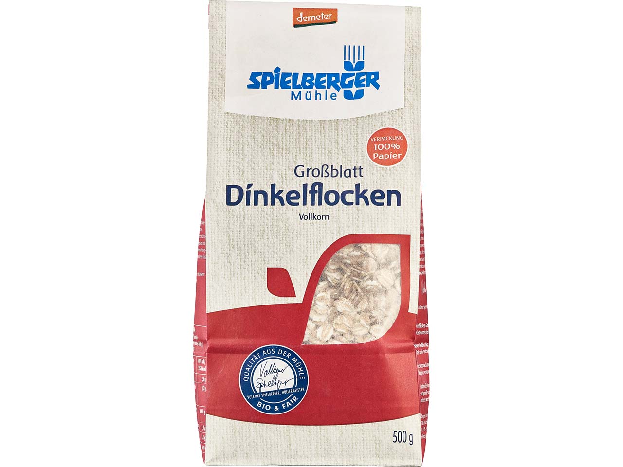 Spielberger Mühle Bio-Dinkelflocken, Vollkorn, Großblatt, 500 g