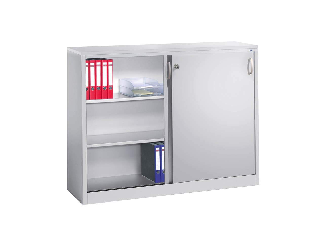 Schiebetürenschrank aus Stahl 160 cm breit lichtgrau  T 40  H 120