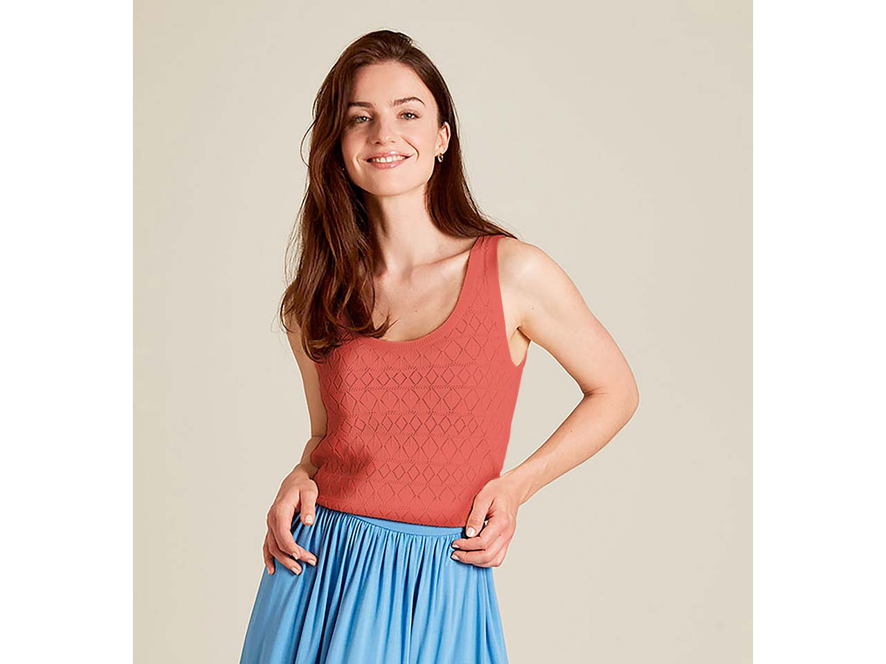 tranquillo Bio-Damen-Strick-Top mit Ajour-Spitze, coral, Gr. S