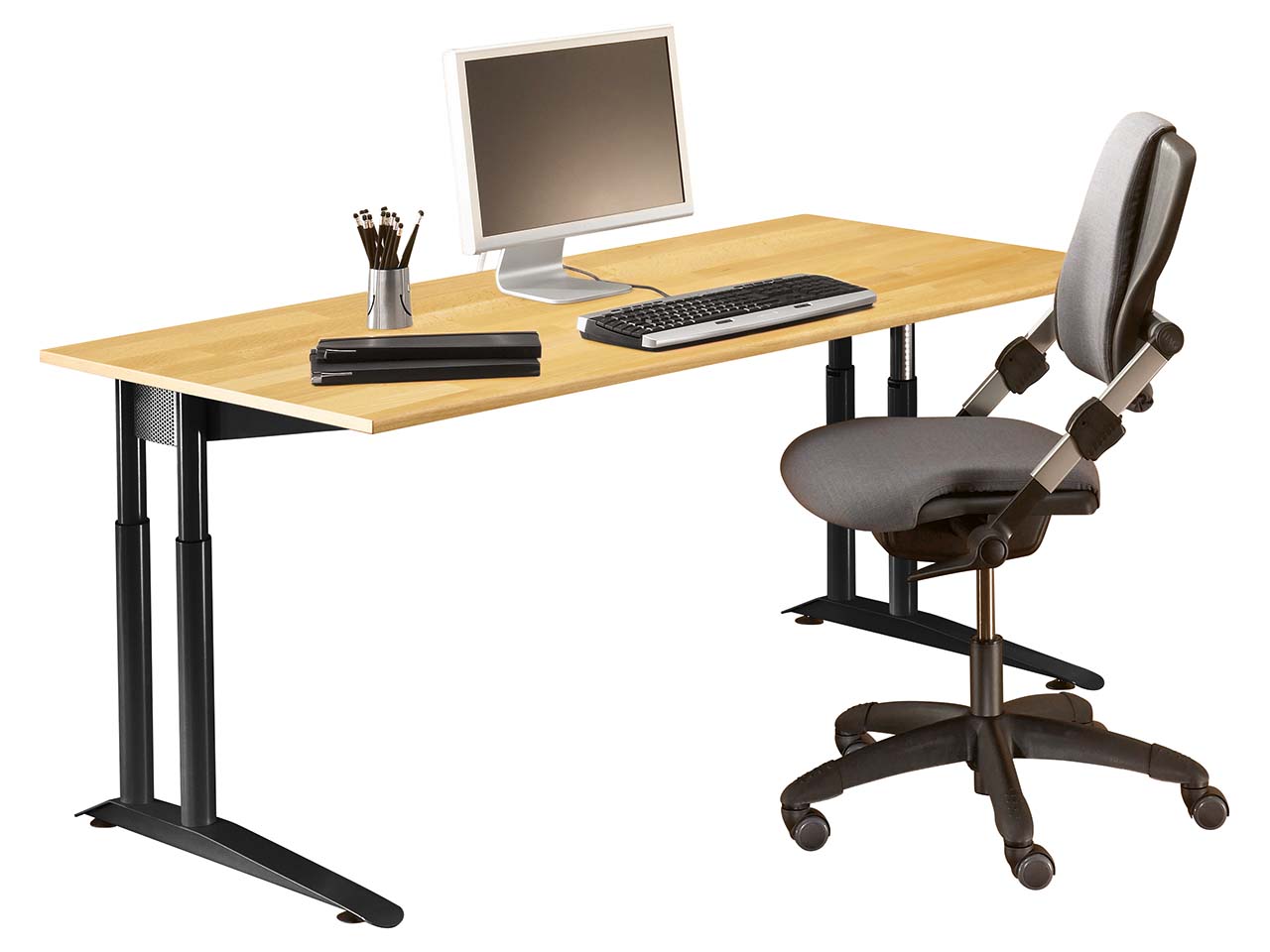 Schreibtisch "CONTACT Pure" höhenverstellbar, 180 x 80 cm, schwarz, Buche geölt