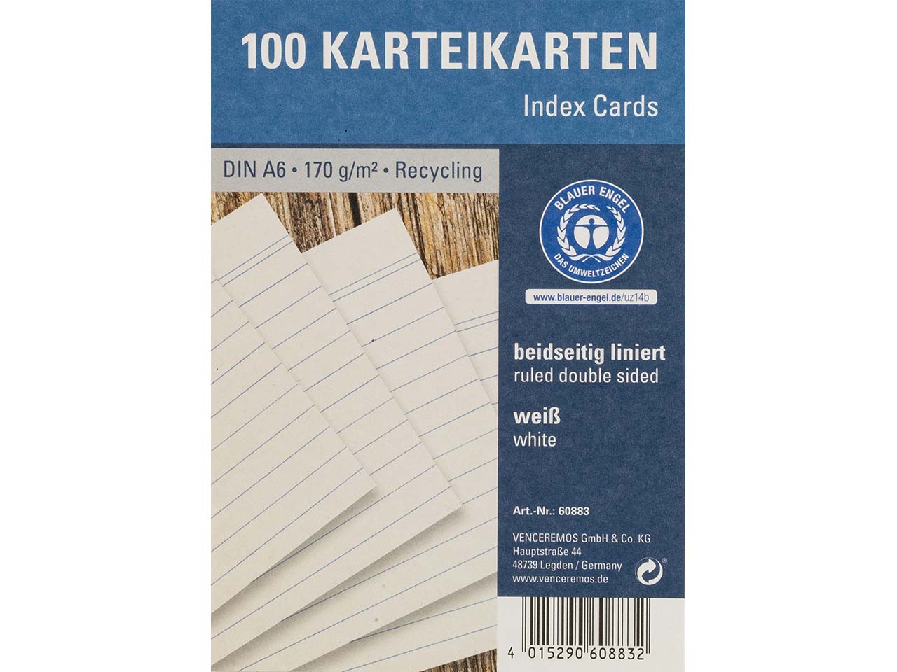 100 Karteikarten aus Recyclingkarton 190 g/m² DIN A6, weiß