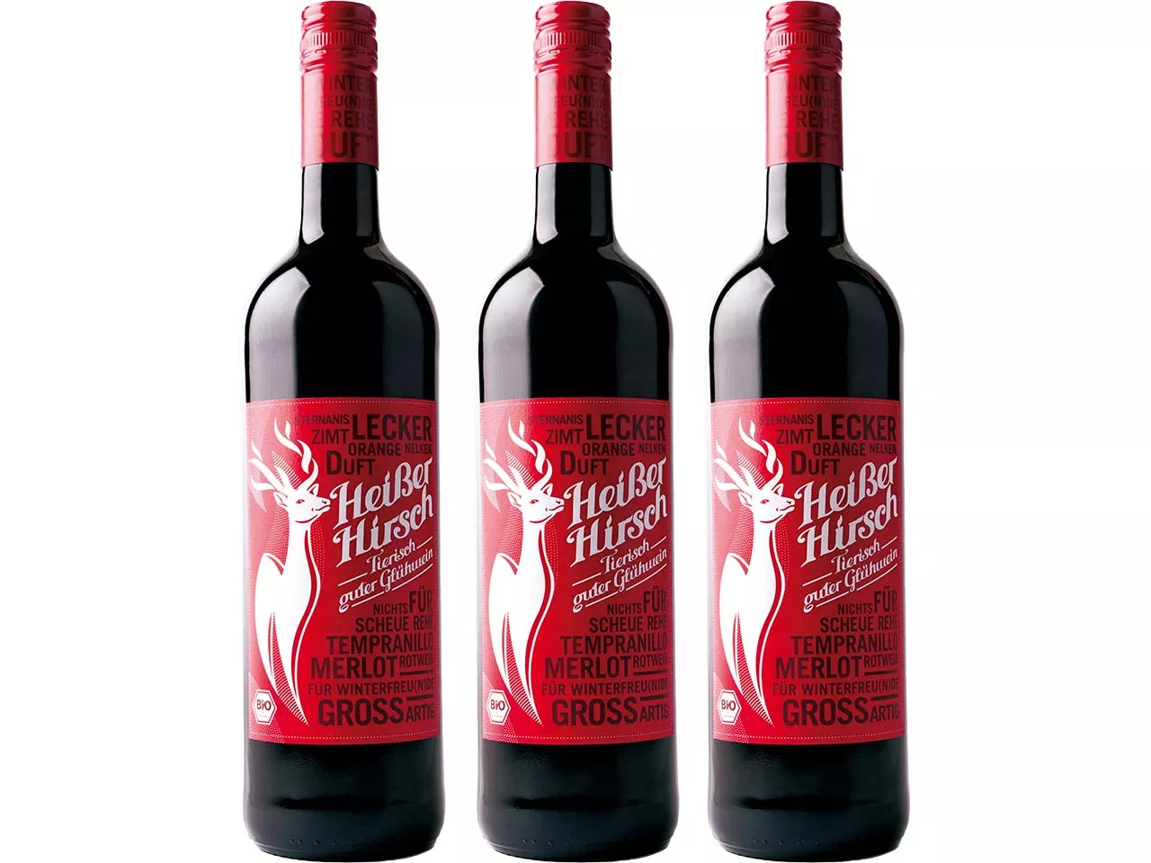 Heißer Hirsch Bio-Glühwein 3er-Pack, rot, 3 x 0,75 l