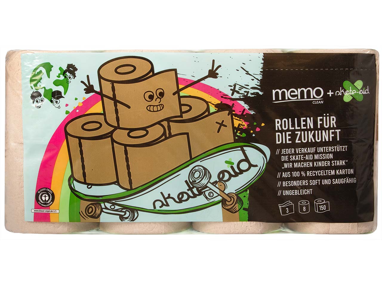 memo + skate-aid Recycling-Toilettenpapier "Rollen für die Zukunft" 3-lagig, 8 x 150 Blatt