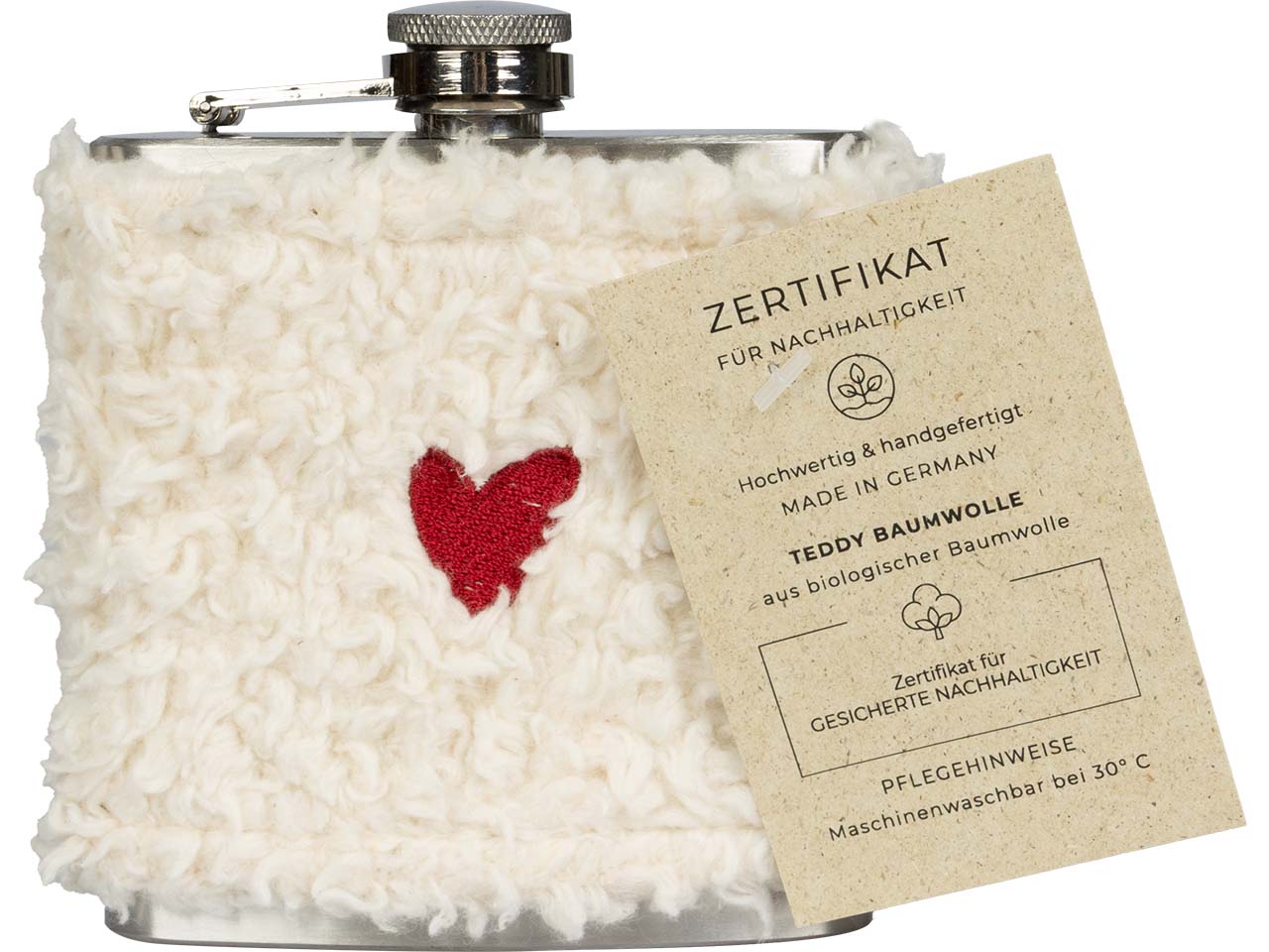 Flachmann "Seppl" Bezug aus Bio-Baumwolle, weiß, mit Herz bestickt, 6oz