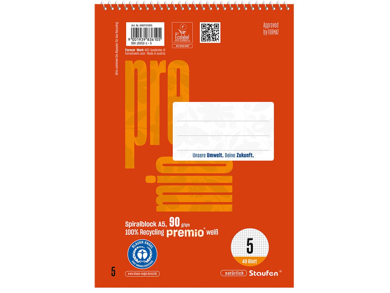 Staufen "Premio" Spiralblock DIN A5 kariert ohne Rand, 40 Blatt, 90 g/m², Lineatur 5