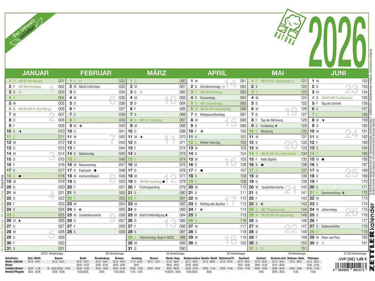 Zettler Wandtafelkalender DIN A4 2026
