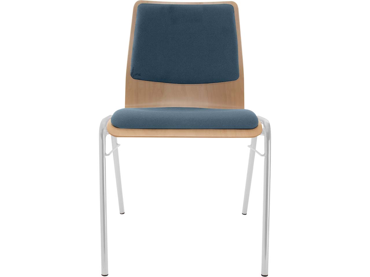 Besucherstuhl "A1" Buche lackiert, Gestell silber, Steg, Sitz- und Rückenpolster stahlblau