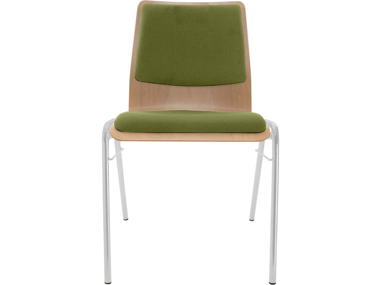 Besucherstuhl "A1" Buche lackiert, Gestell silber, Steg, Sitz- und Rückenpolster hellgrün