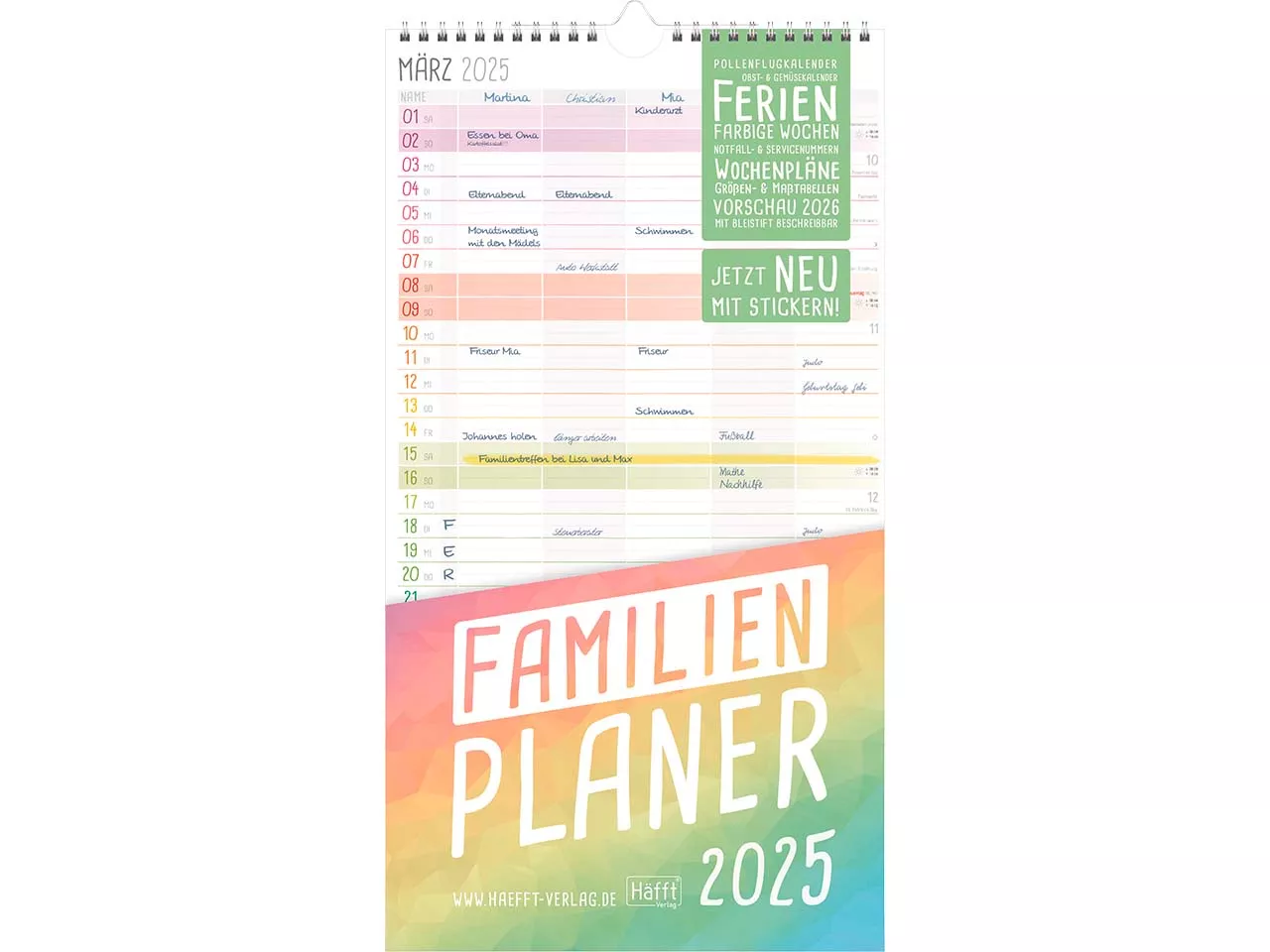 Häfft Familienplaner 2025, Wand-Kalender 5-spaltig, 12 Monate, Rainbow