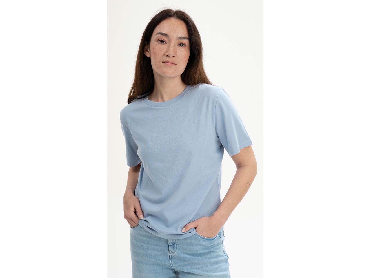 MELA Bio-Damen-T-Shirt 'TANIKA' mit geripptem Rundhalsausschnitt, zartes blau, Gr. L
